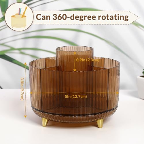 SKYDUE Rotating Pencil Pen Holder, Pen Organizer with 5 Slots - Aesthetic Desk Organizer and Accessories for School, Home, Office Supplies, Clear Tawny