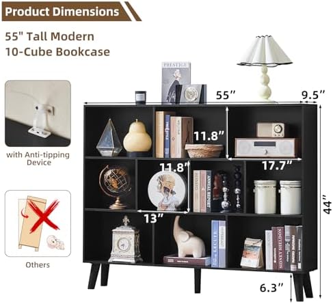 LEYAOYAO 10 Cube Bookshelf, Mid-Century Modern Book Shelf with Legs, Black