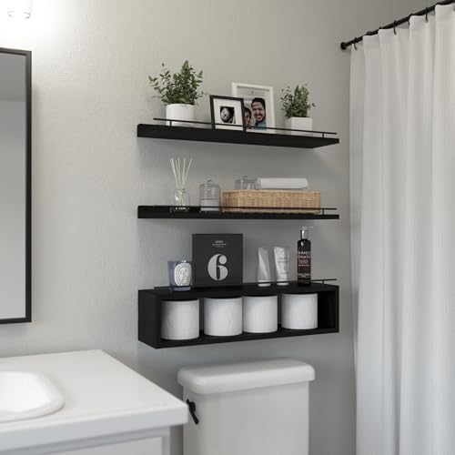 WOPITUES Floating Shelves for Wall 24 inch with Cube Shelf, Wall Shelves with Metal Rail for Decor, Bathroom Organizers 