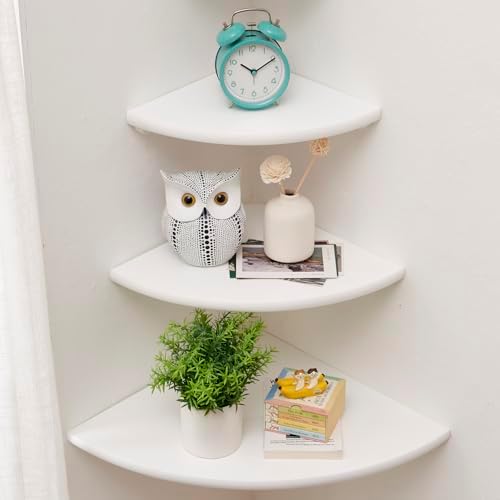 Corner Shelves, Floating Corner Shelf, Set of 3 Solid Oak Wood Corner Wall Shelves, Round End with Wire Hole Shelving fo