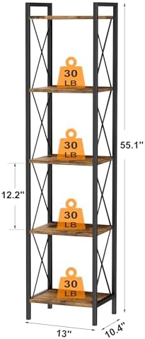 Homhedy 5 Tier Small Bookshelf, Tall Narrow Bookcase, Metal Book Shelf