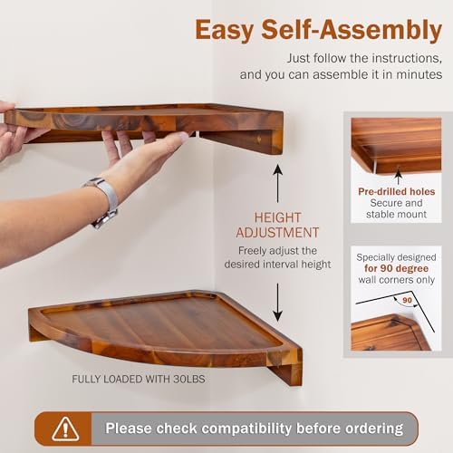 Demigo Round Floating Corner Shelves, Natural Acacia Wall Shelf, Set of 2