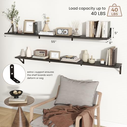 Axeman 55 Inch Floating Shelves, 8 Inch Deep Black Wall Shelves Set of 2