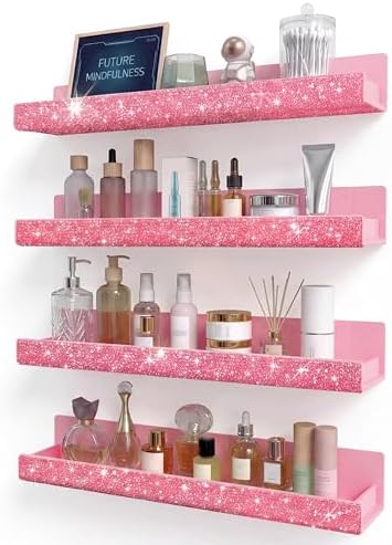 4 Pack Nail Polish Wall Rack, Pink Rhinestone Acrylic Organizer