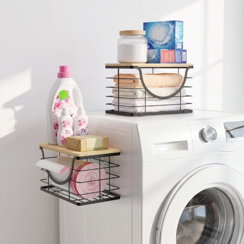 ALOCEO 2 Pack Stackable Storage Basket with Bamboo Lid, Large Trash Bag Holder for 13/30/33 Gallon Bags, Stainless Steel