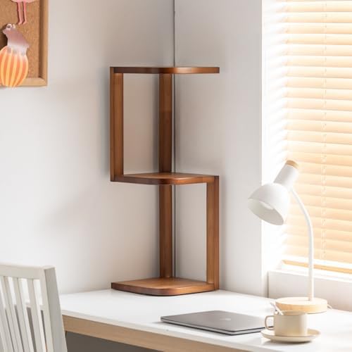 Corner Shelf Stand Desk Organizer,26.8" H Rubberwood Brown Rack for Small Spaces, Bedroom,Home Office,Kitchen,Bathroom (