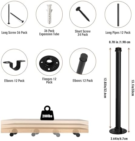 Industrial Pipe Shelf Brackets, 12-Pack Heavy Duty Floating Shelves Brackets for Wood, 12 Inch Black DIY Iron Pipe Brack