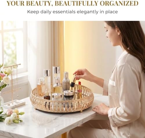 YUEHUA 10.4" Gold Mirror Vanity Tray for Dresser, Jewelry & Makeup
