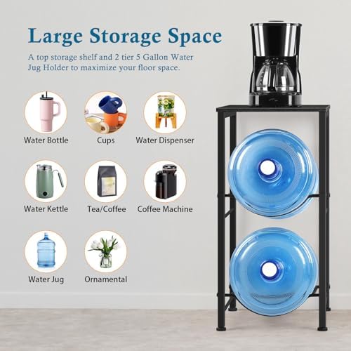Water Jug Holder 5 Gallon Water Bottle Holder Stand With Storage Shelf, 2 Tier 5 Gal Water Jug Storage Rack with 2 Slots