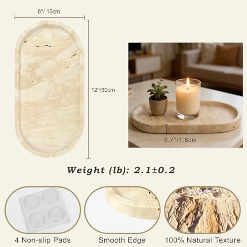 Natural Travertine Vanity Tray for Bathroom Countertop, 12" L x 6" W Light Beige Cream Decorative Tray with 4 Non-Slip S