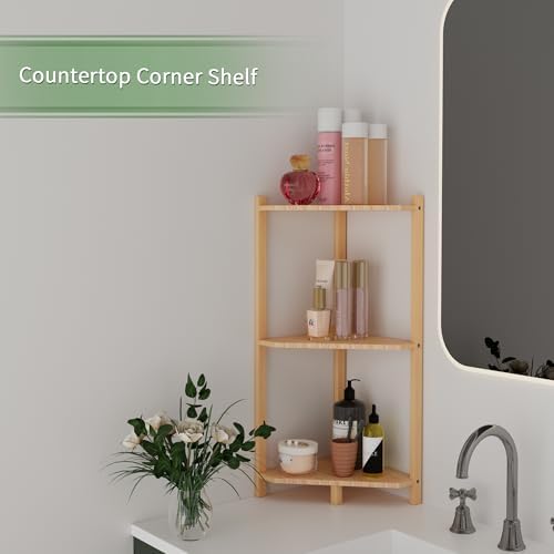 Wisuce Bamboo Small Corner Shelf Stand, 3-Tier Natural Corner Bookshelf