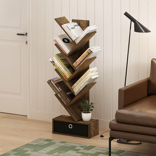 Furinno Tree Book Shelf, 7-Tier Bookshelf, Tree Bookcase with Bin Drawer, 8.4 x 16.9 x 46.2, for Living Room, Bedroom, H