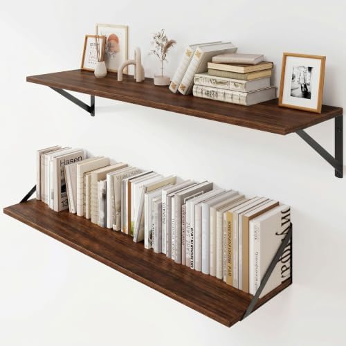 Heimlove Black Deep Floating Shelves for Wall, 35.43W x 8D Wood Wall Shelves Set of 2, Wide Floating Bookshelf for Livin
