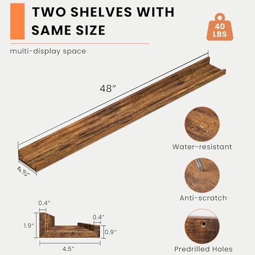 Heimlove Picture Ledge Shelf, Floating Shelves Set of 2, 47.24Inches Picture Shelf for Wall with Ledge, Kids Bookshelf Wall Mounted for Living Room Bedroom Decor Books Photo Frames - Rustic Brown