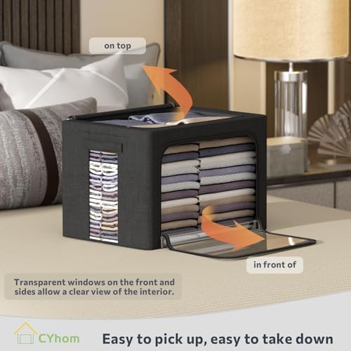 CYhom 3Pack Foldable Storage Bins - Frame Storage Box Linen Fabric Stackable Clothes Container Organizer with Clear Wind