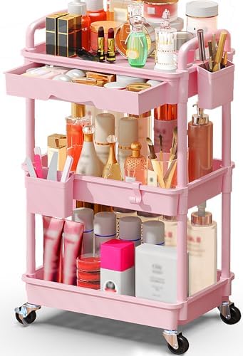 SUNALLY Makeup Cart Organizer with Drawer, 3 Tier Rolling Makeup Cart, Pink