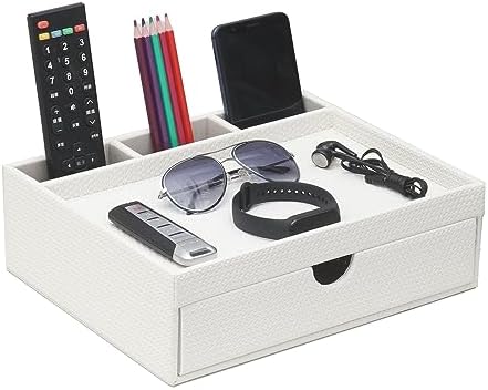 Leather Desk Organizer With Drawers, Home Cosmetics & Phone Remote Organizer, Drawer Plus Divider & Tray (white)