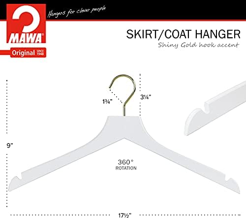 MAWA by Reston Lloyd, European Wooden Hanger, Beech Wood Straight Hanger with Shoulder Notches, Rotating Gold Hook, Whit