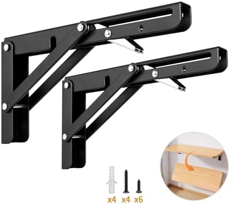Yarssihha 8 Inch Folding Shelf Bracket, 2 Pack Heavy Duty Wall Mounted Foldable Brackets, Space-Saving Metal Collapsible