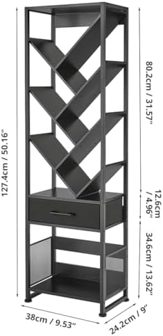 Bookshelf with Drawer,10 Tier Tree Bookcase Retro Floor Standing Bookshelves,Tall Wood Bookcases with Cabinet Storage Or