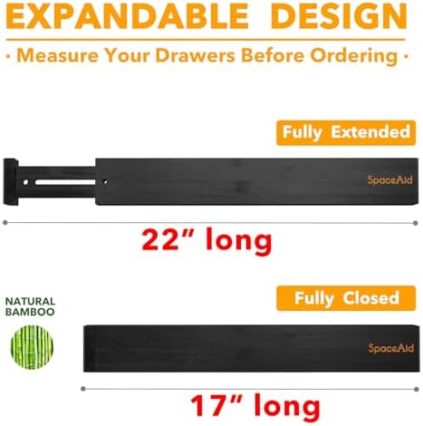 SpaceAid 4 Pack Bamboo Drawer Dividers with Labels, Kitchen Adjustable Drawer Organizers, Expandable Organization for Home Clothes Dressers (17-22 in, Black)