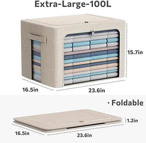 CYhom 3Pack Foldable Storage Bins - Frame Storage Box Linen Fabric Stackable Clothes Container Organizer with Clear Wind