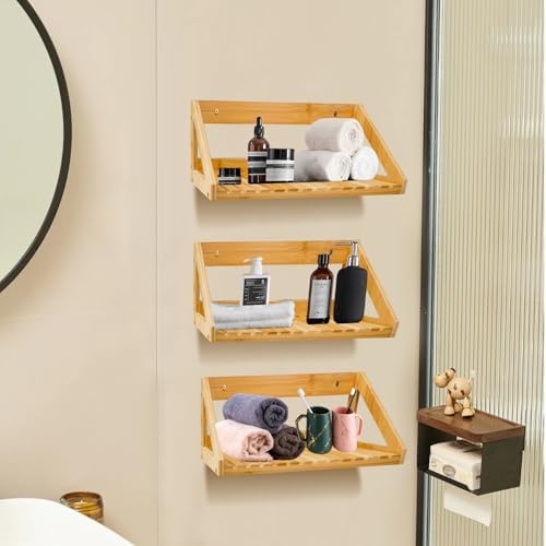 Floating Shelves Wall Mounted 3 Pcs Bamboo Wall Hanging Rack Holder