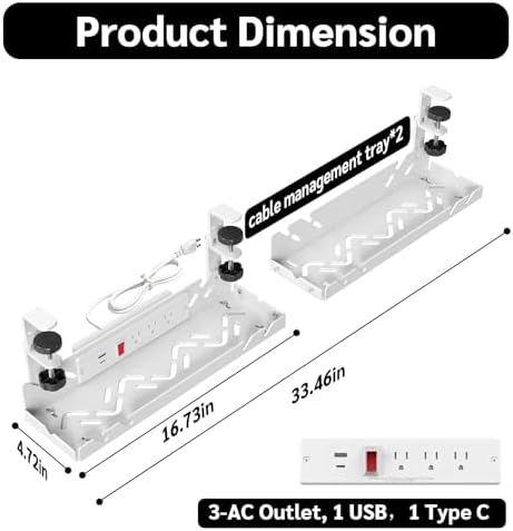 CABTE Under Desk Cable Management Tray with Power Outlet