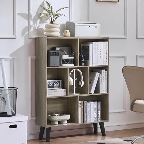 LEYAOYAO Cube Bookshelf, Mid-Century Modern Book Shelf with Legs,Retro Grey