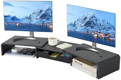 LEKETREE Dual Monitor Stand Riser with Drawer, Computer Stand for Desk, Workspace Desktop Stand, Desk Organizer for Comp