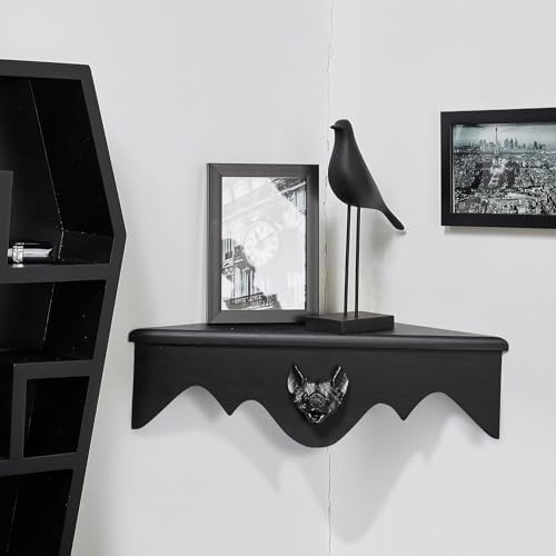 Gothic Bat Corner Shelves 2 Pack - Black Spooky Dark Aesthetic Floating Shelves, Wall Mounted Wooden Storage for Bedroom