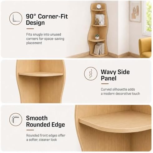 5-Tier Wavy Corner Shelf with Curvy Shape for Small Spacem, Natural Wood