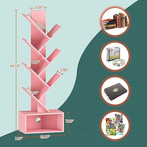 Yoobure Tree Bookshelf - 6 Shelf Retro Floor Standing Bookcase, Tall Wood Book Storage Rack for CDs/Movies/Books, Utilit