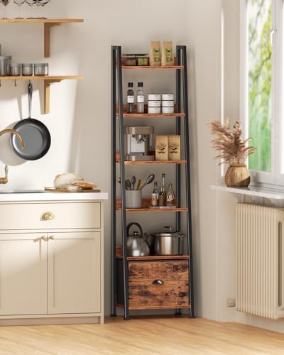 Furologee 6 Tier Ladder Shelf, Tall Ladder Bookshelf with Fabric Drawer