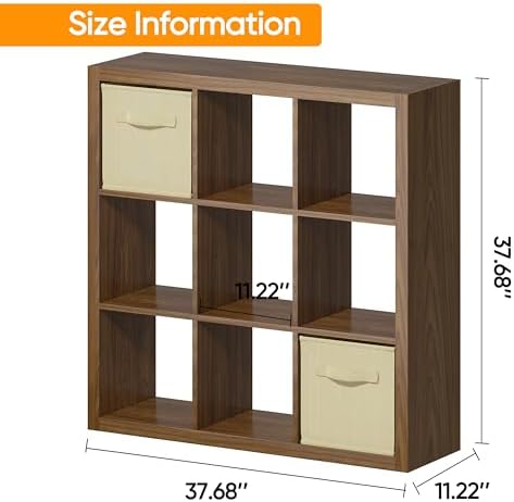 Bookshelf with Storage Bins, 9-Cube Storage Organizer Sturdy Wooden Bookcase Open Book Shelf, Multifunctional Cubicle Ra