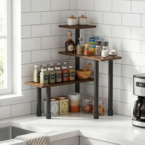 Furinno Turn-N-Tube Kitchen Countertop Organizer, 3-Tier Corner Countertop Organizer Shelf, Corner Shelf, for Kitchen, P
