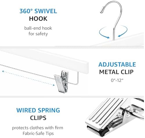 ZOBER Wooden Pants Hangers with Clips, Clothes Hangers, White, 10 Pack