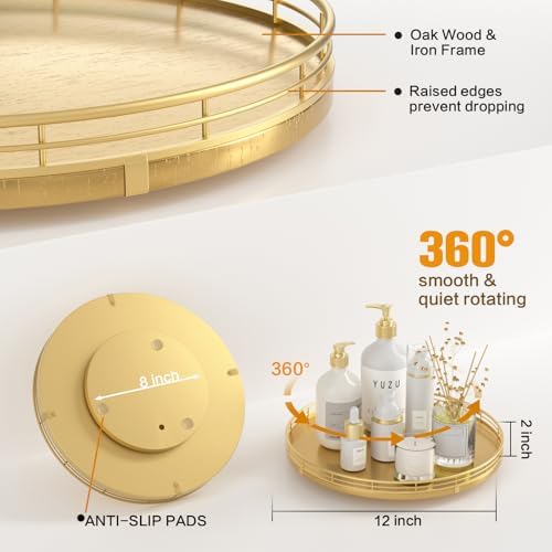 Oroyutor 12-Inch Oak Lazy Susan Decorative Tray with Gold Metal Rail