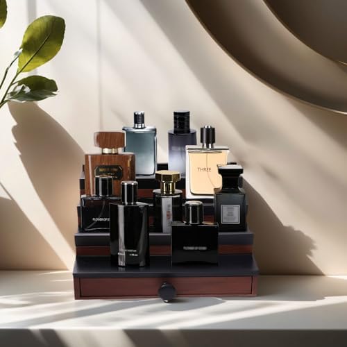 4 Tier Men's Cologne Organizer, Two-Tone Wooden Stand with Drawer Storage
