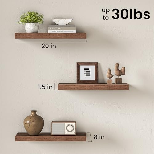 20" Floating Shelves for Wall, Set of 3, 8" Deep, 1.5" Thick, Brown