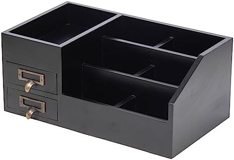 Distressed Rustic Wooden Office Desktop Organizer Wood Shelf Tabletop Home Organizer Storage with Multiple Compartments 2 Tier Drawers,perfect Jewelry storage Display Box for Desk, Vanity (Black)