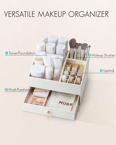 VLANDO 2-Layer Makeup Organizer Countertop with Drawers for Vanity,White