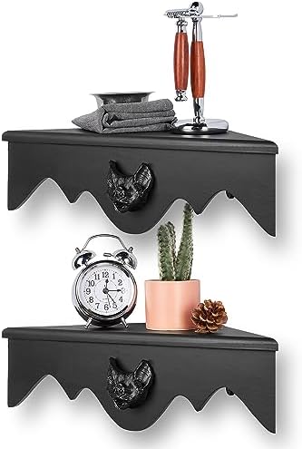 Gothic Bat Corner Shelves 2 Pack - Black Spooky Dark Aesthetic Floating Shelves, Wall Mounted Wooden Storage for Bedroom
