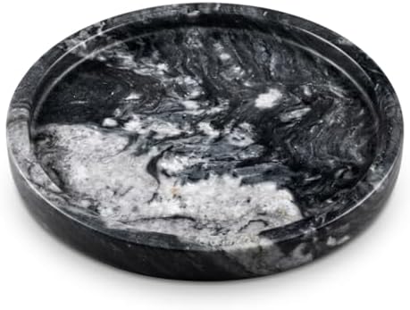 Round Grooved Marble Tray, 10-Inch Polished Natural Stone Serving Platter | Heavyweight 5lb Decorative Vanity Tray for K