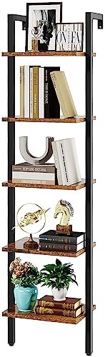 YMYNY 5 Tiers Ladder Bookcase, Industrial Wall Mounted Bookshelf, Open Display Rack with Metal Frame, Wooden Storage She