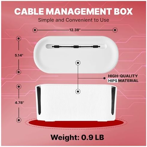 Cable Management Box, White Cord Organizer Box with Lid, 12.4 x 5.1 x 4.8 in, Includes 5 Reusable Cable Ties and 4 Anti-