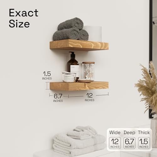 Natural Wood Floating Shelves for Wall 12 Inch Oak, Small Wooden Shelf
