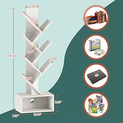 Yoobure Tree Bookshelf, 6 Tier Small Book Shelf Retro Floor Standing Bookcase, Wood Book Storage Organizer Rack, Tall Na