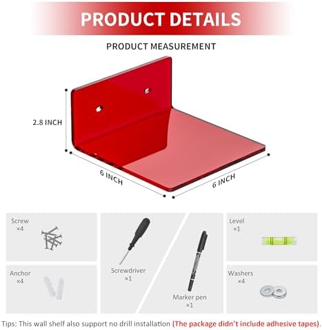 Sezanrpt 6 Inches Acrylic Small Wall Shelves, Red Floating Shelf for Wall Mounting, Acrylic Display Ledges for Funko Pop Figures, Home Décor, Living Room, Gaming Room, Plants, 2 Pack