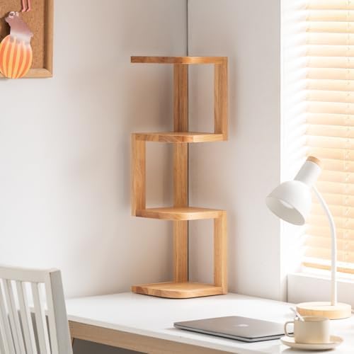 Corner Shelf Stand Desk Organizer,26.8" H Rubberwood Brown Rack for Small Spaces, Bedroom,Home Office,Kitchen,Bathroom (